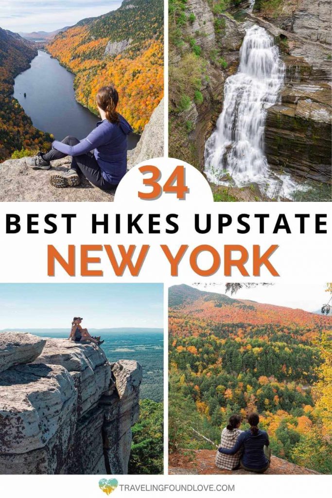 Four pictures of the best hikes upstates New York, including waterfalls and high cliffs