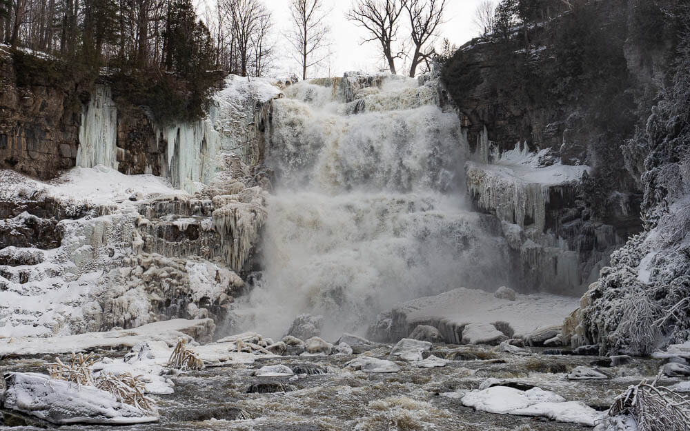 One of the frozen Finger Lakes waterfalls is Chittenango Falls
