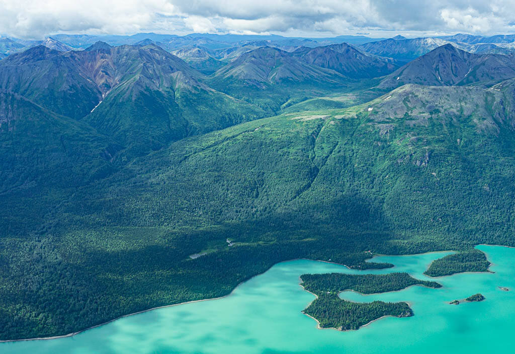 Bird's-eye view of Lake Clark National Park from a seaplane