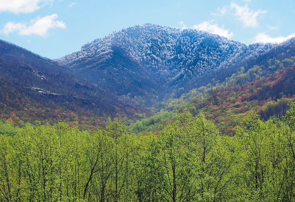 Snow covered mountain peaks in the Great Smoky Mountains