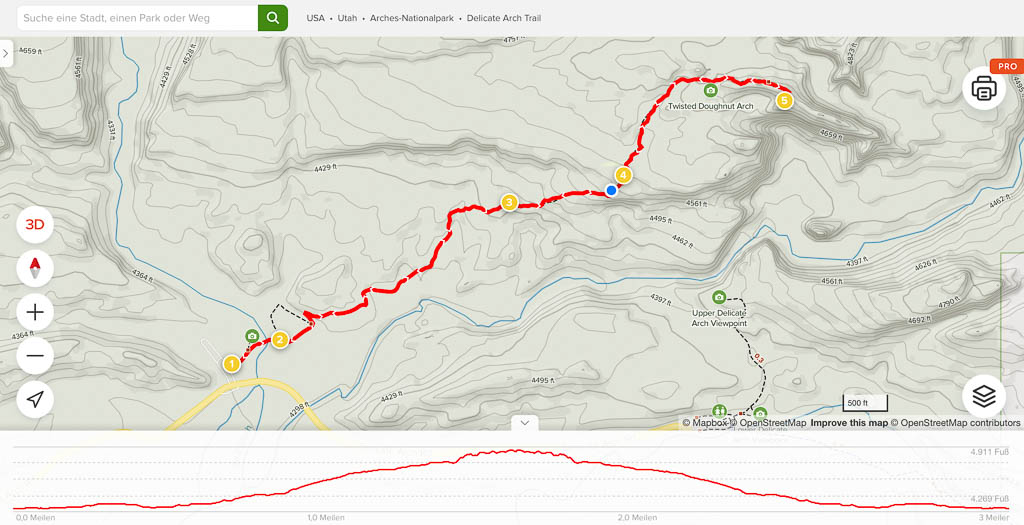 Alltrails map to hike Delicate Arch