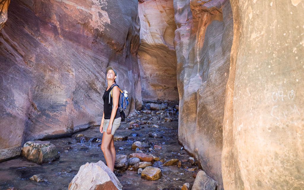 Dana looking up to the massive canyon walls