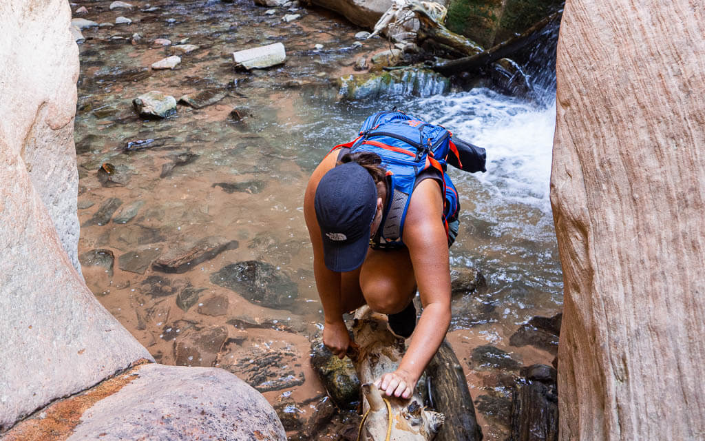 Rachel climbing down a log