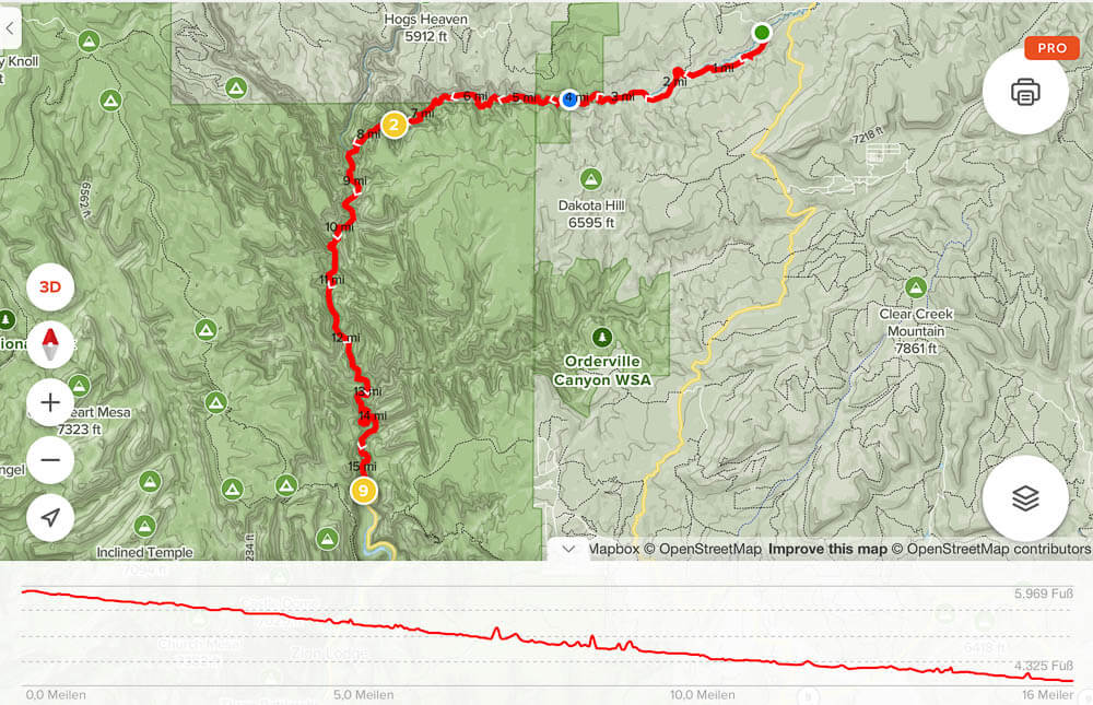 Map of the complete The Narrows trail from top to bottom