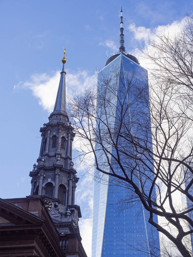 The observation deck One World Observatory photographed from the streets of NYC