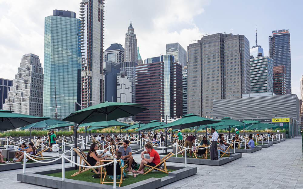Mini lawns set up on Pier 17, one of the best places in Manhattan