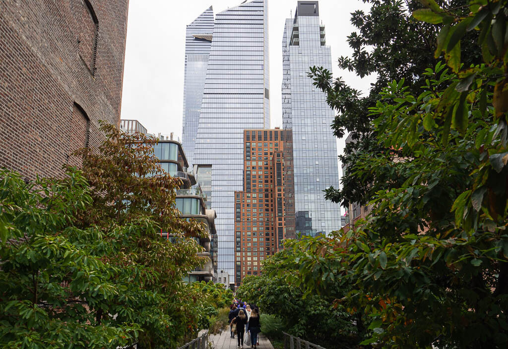 Walking the High Line towards some high skyscrapers