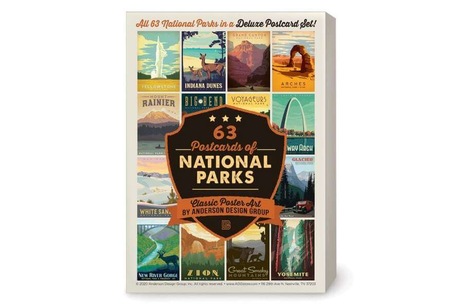 Cover of the 63 National Parks Postcards which are awesome National Park gifts