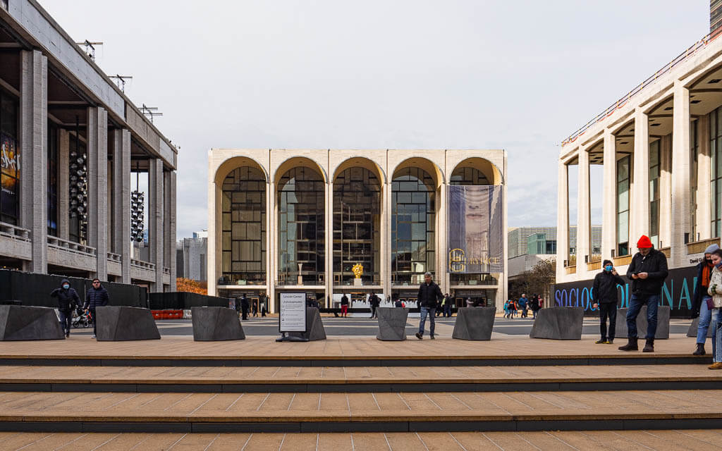 Busy square in front of the Lincoln Center in NYC