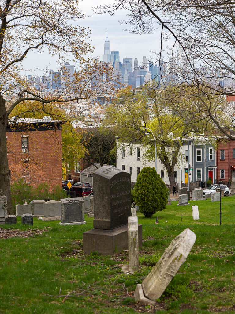 Highest point of the Green-Wood Cemetery with view of NYC skyline