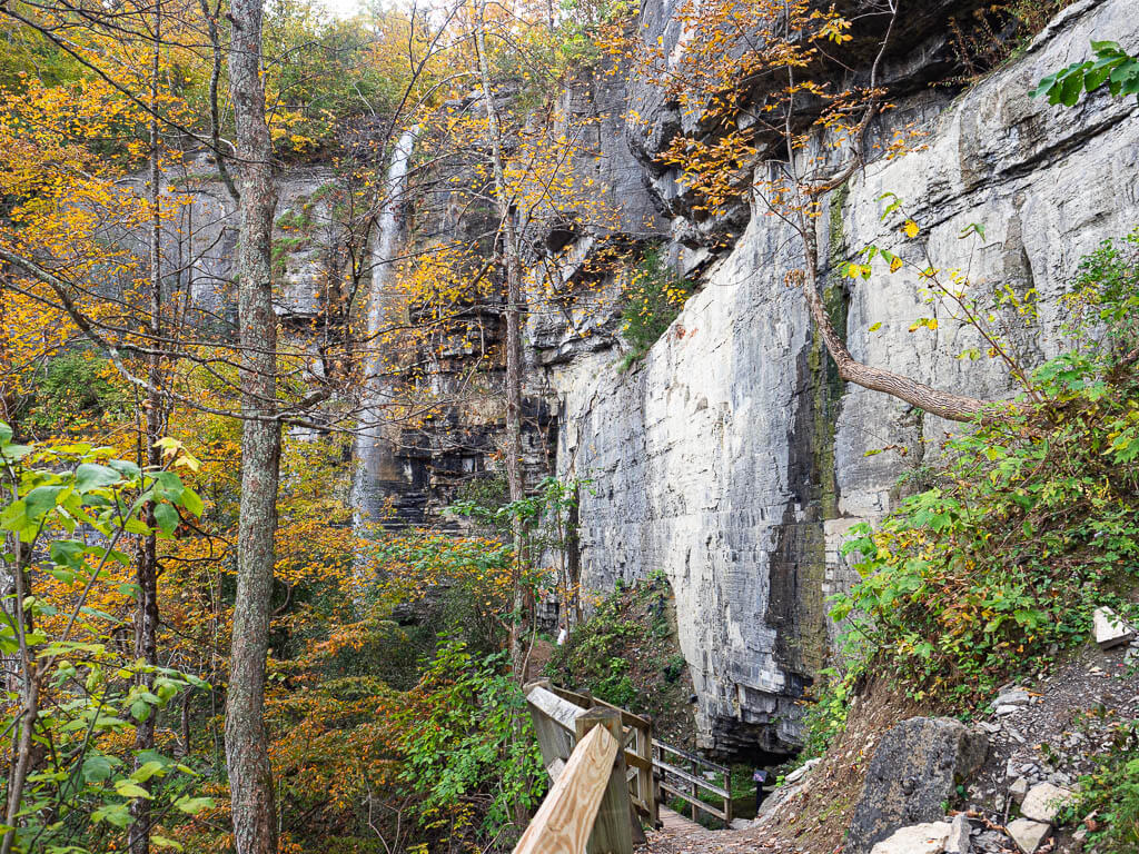 The Indian Ladder Trail goes along a limestone cliff