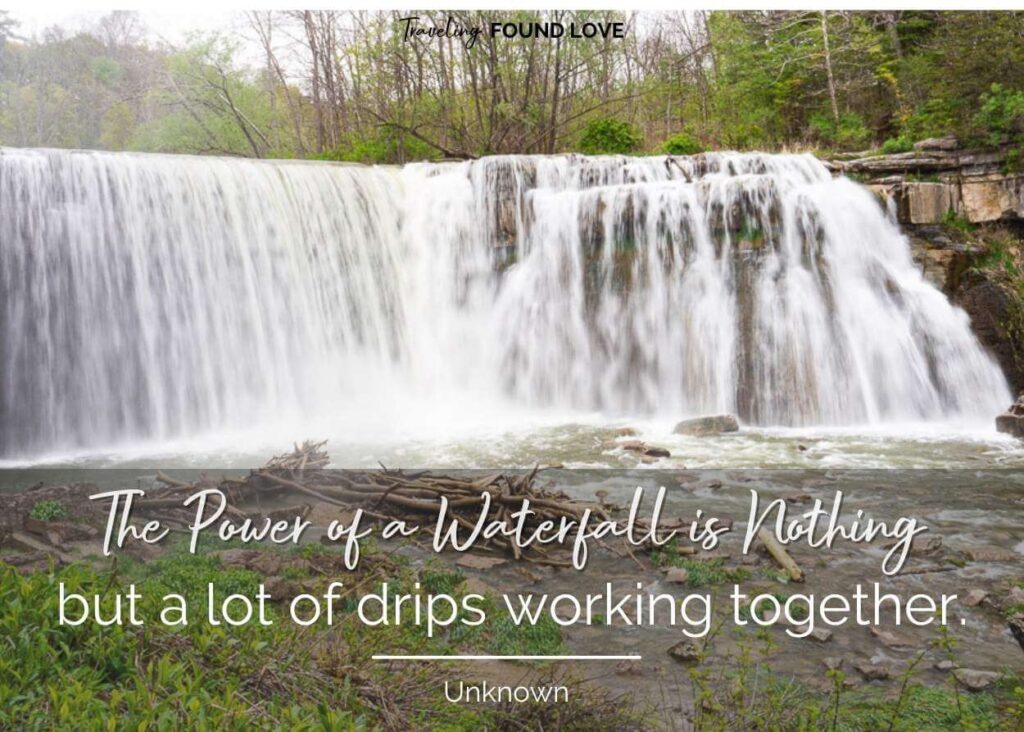 Powerful waterfall in the spring with quotes about falls